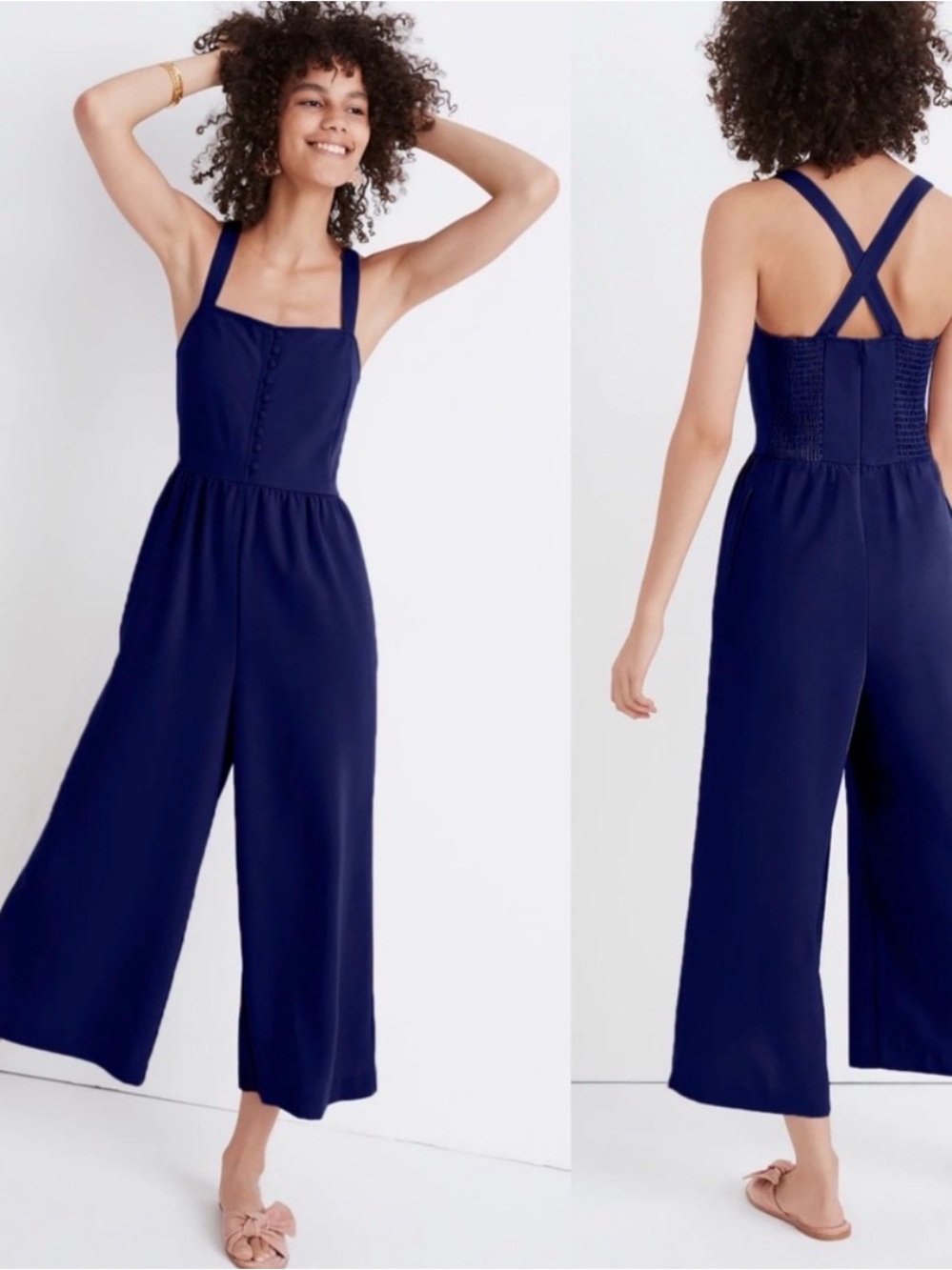 Madewell Smocked Button Front Jumpsuit in Navy